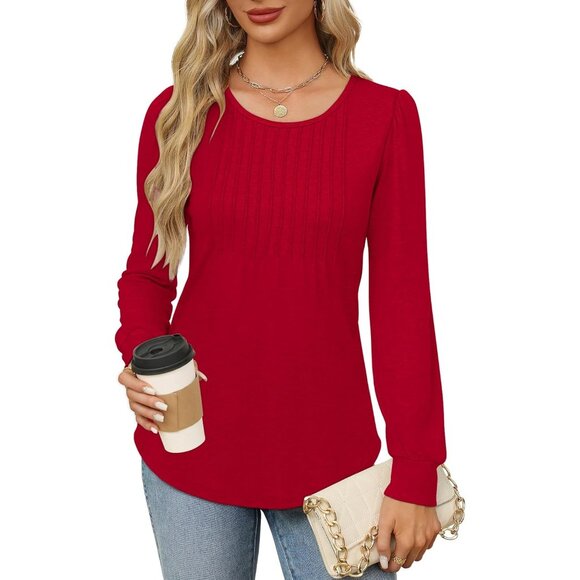 Fall Casual Pleated Scooped Neck Tunic Leggings Long Sleeve Shirts for Women - Picture 3 of 5